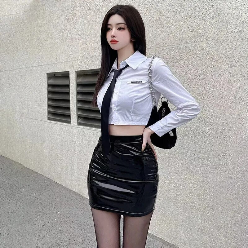 MOUKYUN Schwarz Latex Leder Mini Rock Frauen Sexy Hohe Taille Bodycon Kurze Röcke Koreanische Damen Büro PU Dünne Bleistift Röcke