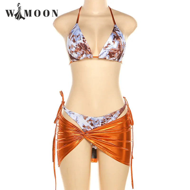 Halter Metallic 3 Pieces Micro Bikinis Reflective Skirt Set Sexy Beach Wear Swimsuits Woman 2023 Summer Bathing Suit Club Party