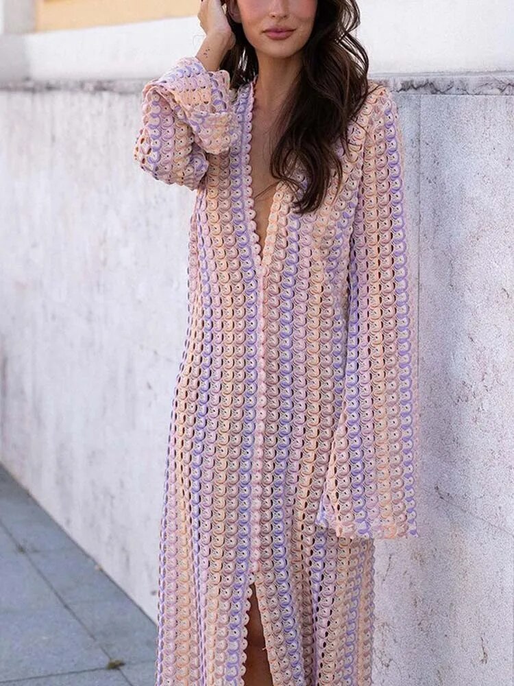 RDMQ 23 Women Striped Hooked Crochet Split Knit Long Dress Female Deep V Neck Long Sleeve Slim Vestidos Summer Vacation Outfits