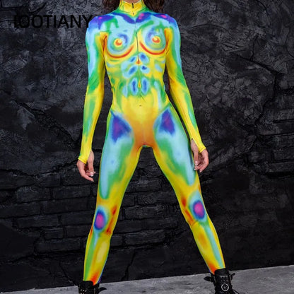 Multicolor Ocean Style Cosplayer Halloween Tight Woman Suits Printed Bodysuit Purim Carnival Festival Cosplay Costume Catsuits