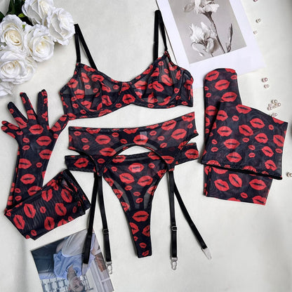 Red Lips Lingerie Sensual Lace Underwear 5-Piece  Transparent Bilizna Set Seamless Intim Goods Fancy  Set