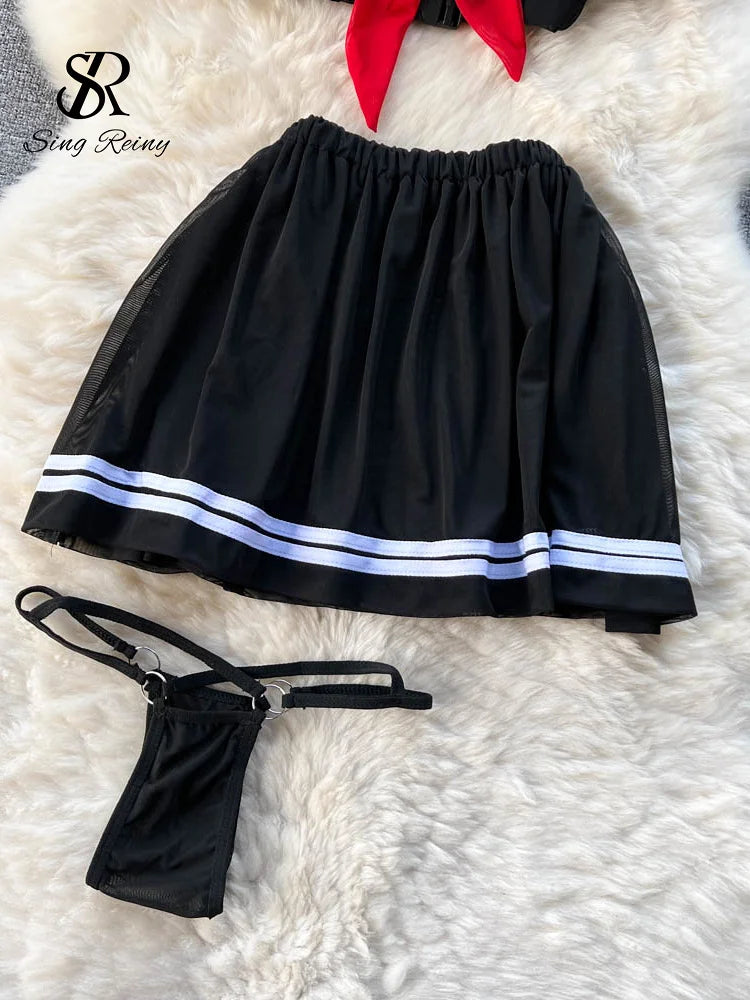 Preppy Style Cosplay Sheer Nightsuits Female Bow Sweet Short Top+Mini Skirt+Thongs 2023 Transparent   Outfit Wanita