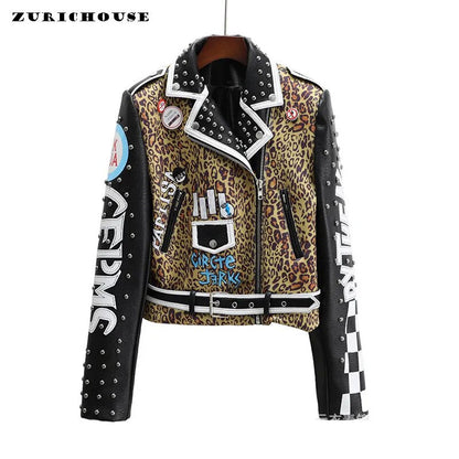 Punk Rivets Cropped Leather Jacket for Women 2023 Trend Streetwear Patchwork Leopard Print Faux Leather Motorcycle Jacket