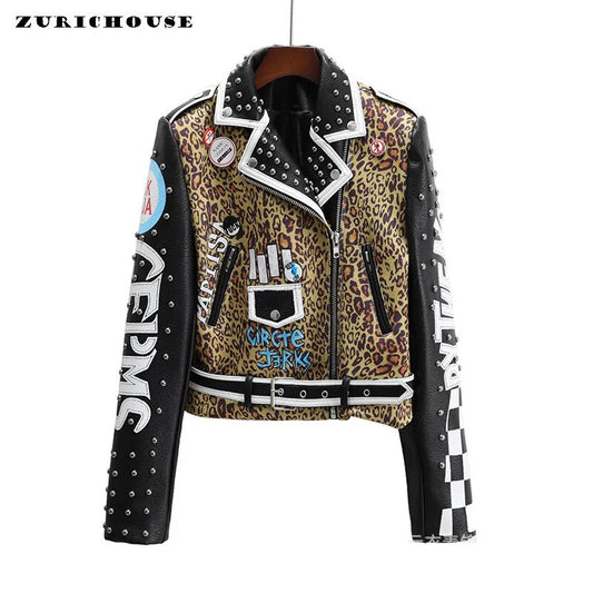 Punk Nieten abgeschnitten Lederjacke für Frauen 2023 Trend Streetwear Patchwork Leopard Print Kunstleder Motorradjacke