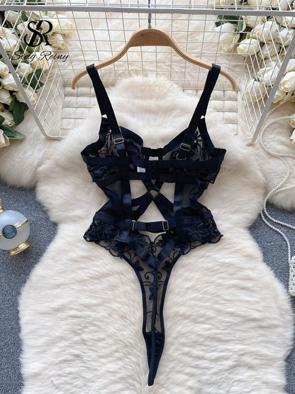 Embroidery Lace Mesh Sexy Bodysuits 2023 Women Strap Hollow Out Playsuits Female Transparent Sensual   Jumpsuits Wanita