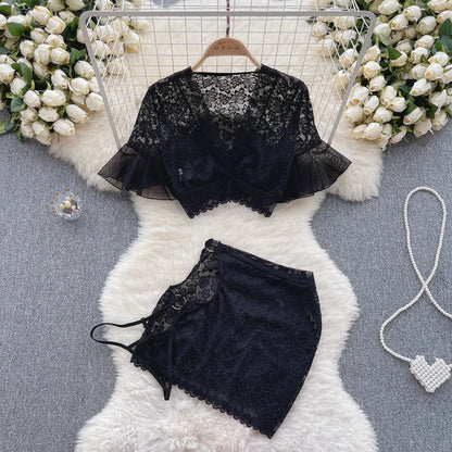 Hollow Out Lace  Nightsuits Ladies V Neck Short Sleeves Top+Sensual Mini Skirt Korean Sheer  Sexy Outfit Wanita