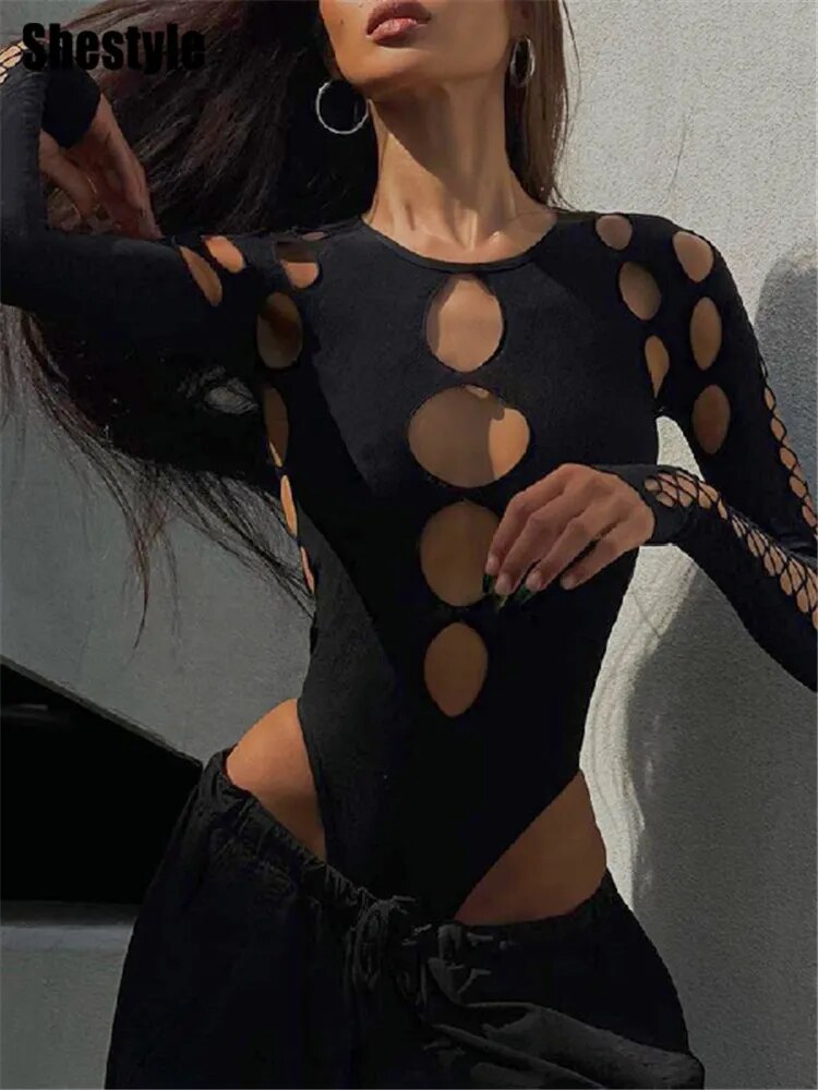 Shestyle-Body negro con diseño calado para mujer, hombros descubiertos, cintura alta, monos sexys de Halloween para mujer, Top liso recién descubierto