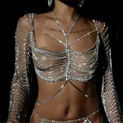 2022 Luxus Hohe Qualität Sexy Strass Körper Kette Schmuck Frau Mode Party Bikini Harness Bh und Rock Zubehör Geschenk