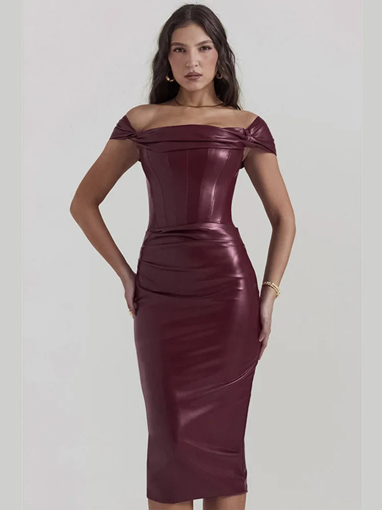 Mozision Wine Red Strapless Backless PU Leather Midi Dress For Women Off-shoulder Sleeveless Bodycon Club Party Long Dress