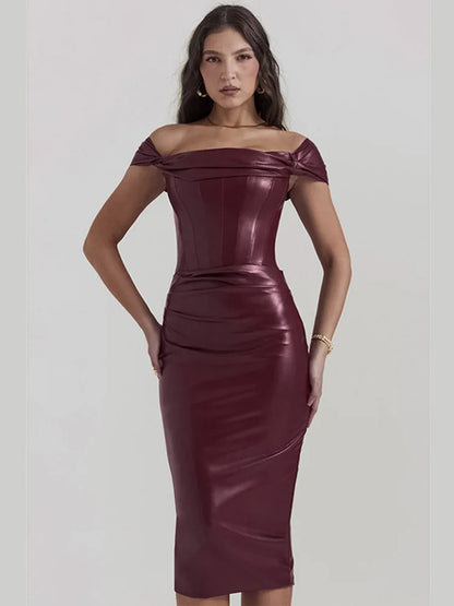 Mozision Weinrotes, trägerloses, rückenfreies PU-Leder-Midikleid für Damen, schulterfreies, ärmelloses, figurbetontes Club-Party-langes Kleid