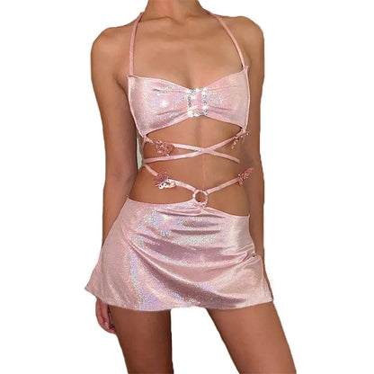 Conjunto de faldas de 2 piezas con espalda descubierta y mariposa rosa brillante para mujer, trajes sexys Cross Rave, traje de falda Y2k