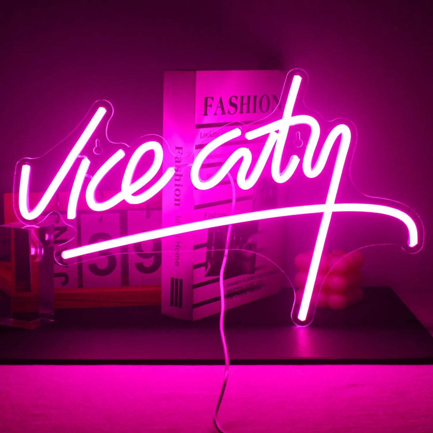 Wanxing Vice City Neon Sign Pink Led Lights Bedroom Letters Game Room Bar Party Indoor Home Arcade Shop Cave Art Wall Decoration