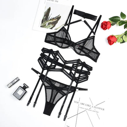 Dessous Transparentes Neckholder-BH-Set, Push-Up, unregelmäßiger Strumpfgürtel, sinnliche Intimunterwäsche