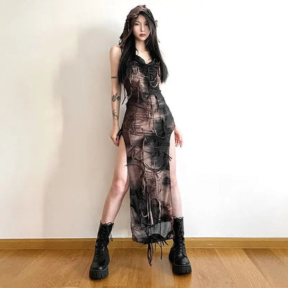 Wasteland estilo Irregular hecho viejo Vintage Tie Dyed vestido con capucha mujeres verano sin mangas Slim Fit borla Split vestido largo tendencia