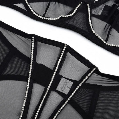 Lencería con diamantes de imitación y cintura para mujer, ropa interior Sensual de encaje transparente con borlas brillantes, íntima Sexy sin censura