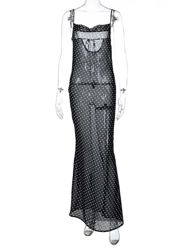 Sibybo Sommer Dot Durchsichtig Langes Kleid Frauen Lace Up Backless Sexy Lange Kleider Elegante Femme Sheer Mesh Strand Party Sommerkleid