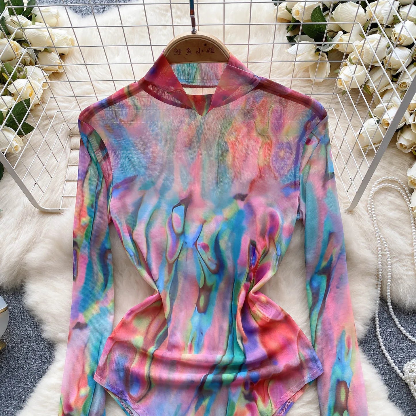 2023 Transparent Mesh Sexy Bodys Drucken Und Färben Öffnen Gabelung Mantel Strampler Mode Sheer Print Schlank Playsuits Wanita