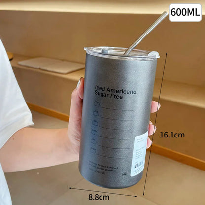 Ins Coffee Cup Thermoses Stainless Steel Water Bottle Straw Cup Ice American Coffee Mug Double-layer Vacuum Flask Couple Cup