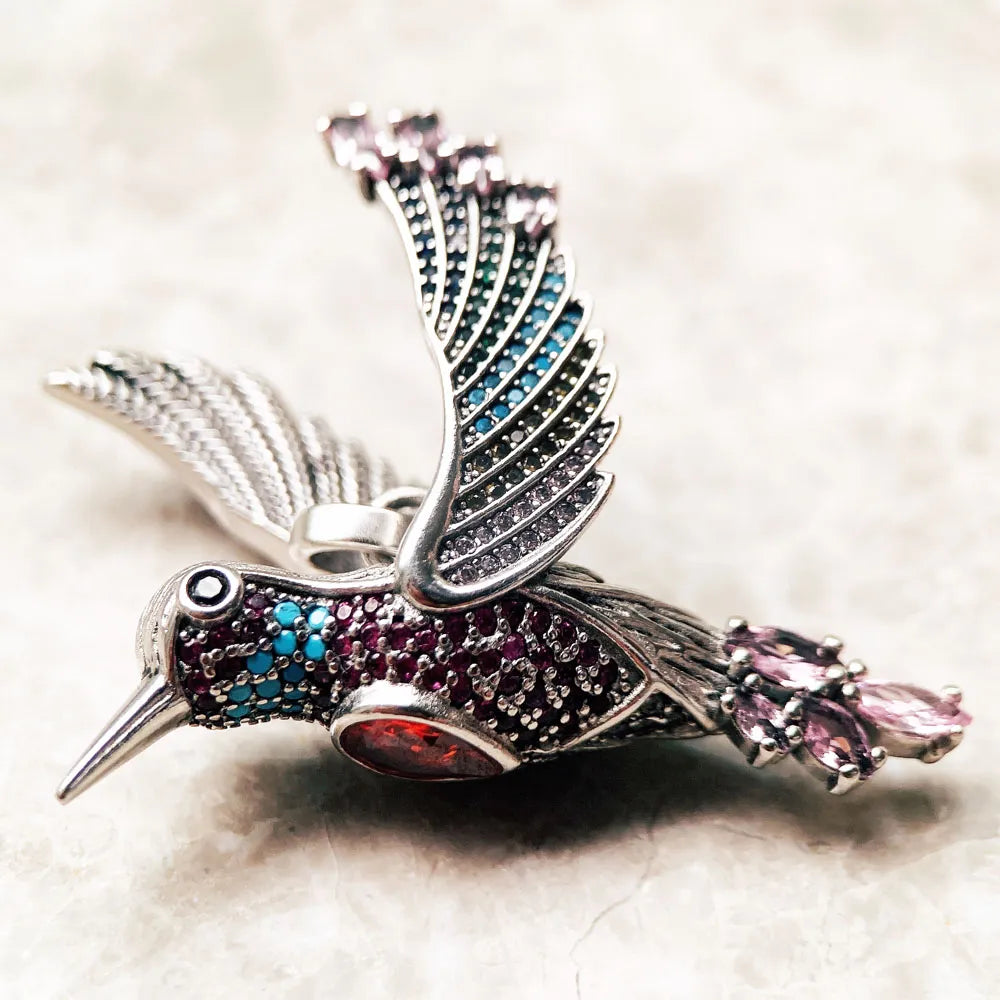 Große bunte Kolibri-Anhänger Herbst edler Schmuck 925 Sterling Silber Zubehör Böhmen Geschenk für Frauen