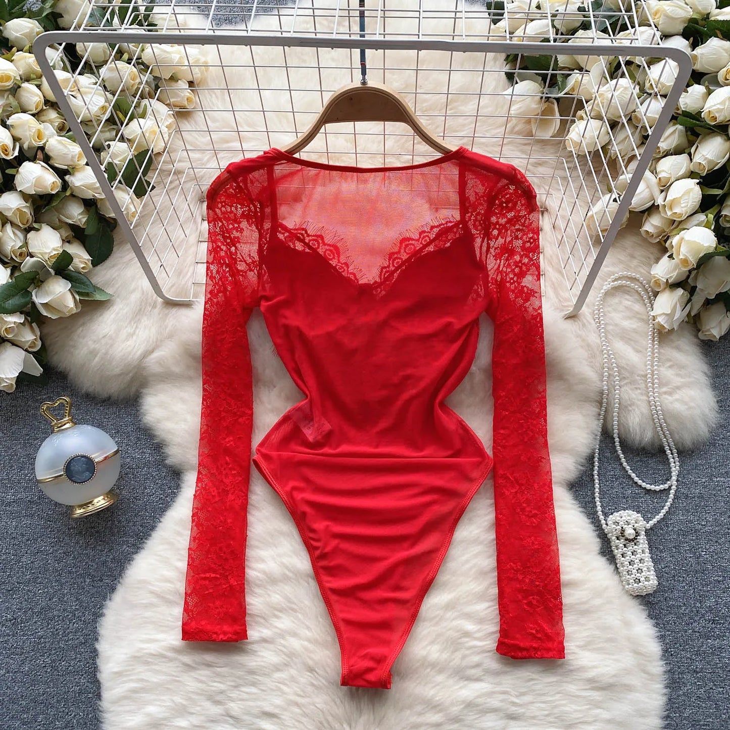 Fashion Lace Mesh Sexy Bodysuits Women Long Sleeved Open Crotch Y2K Top Transparent Streetwear Sensual Slim Playsuits Wanita