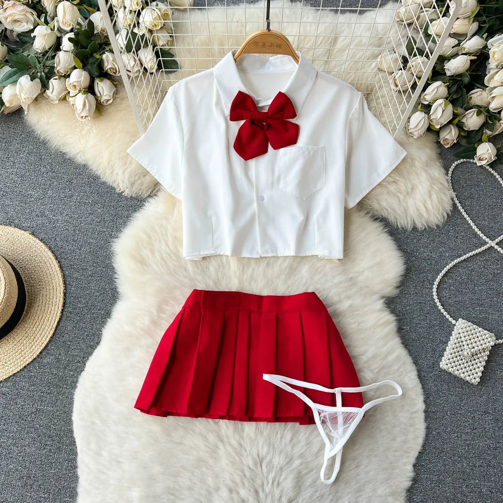 Cosplay   Outfit Women Lapel Neck Short Shirt+Plaid Mini Skirt+Thongs  2023 Preppy Style Sexy Nightwear Wanita