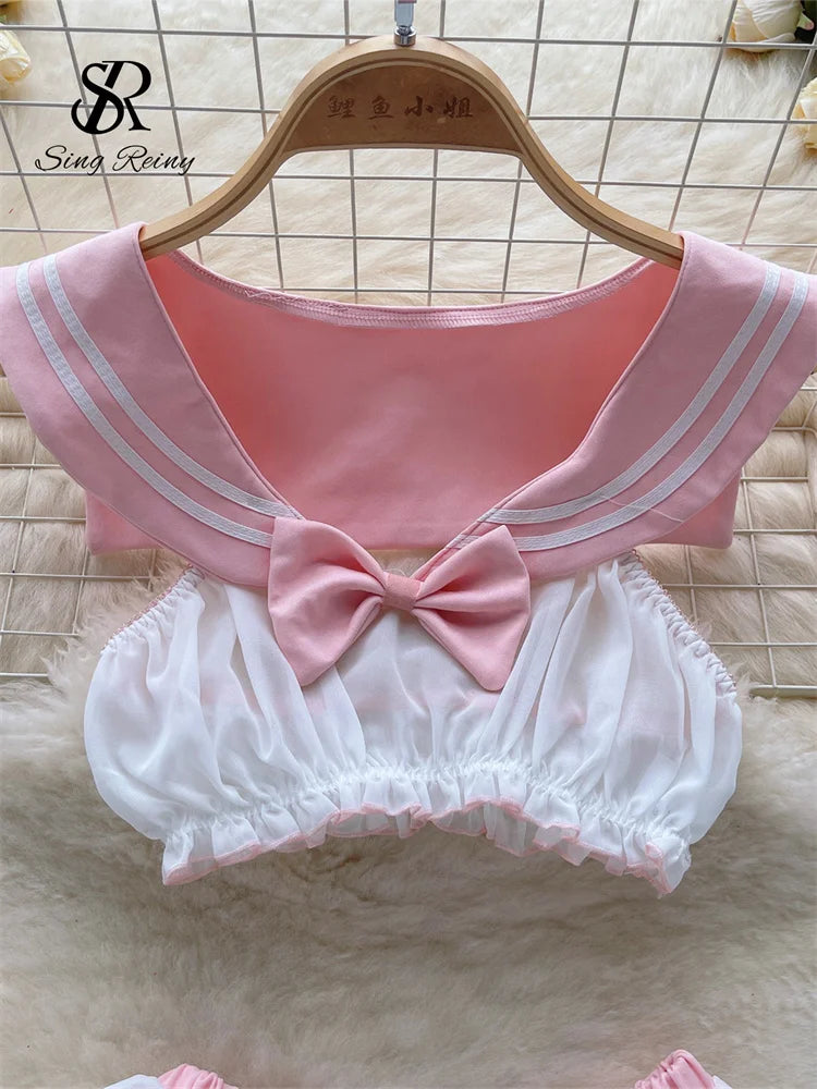 2023 Preppy Style Sweet Sexy Outfit Sailor Collar Sleeveless Short Top+Sheer Skirt Open Crotch   Night Suits Wanita