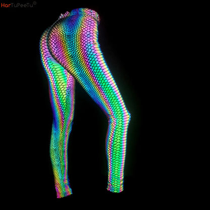 Nuevas mallas reflectantes coloridas hasta el tobillo de piel de serpiente con cintura media para mujer, pantalones elásticos deportivos para Fitness con realce de cadera, ropa para Club nocturno