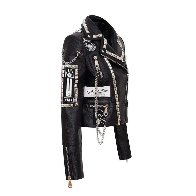 Frühling Neue Schwere Arbeit Niet Mantel Leder Mantel Kurze Fit Motorrad Leder Mantel Frauen Punk Rock Pu Leder Jacke Abrigos mujer