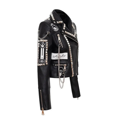 Spring New Heavy Work Rivet Coat Leather Coat Short Fit Motorcycle Leather Coat Women Punk Rock Pu Leather Jacket Abrigos Mujer