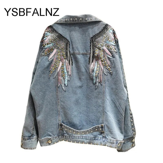 Rivet Wings Coats Women Casual Embroidered Denim Jacket Sprint Short Denim Coat Jackets For Women Long Sleeve Chaqueta Mujer