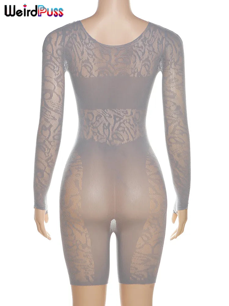 Mono Sexy Weird Puss para mujer, mono transparente con diamantes huecos, mono fino de manga larga para verano, ropa elástica para fiesta de medianoche y discoteca, entrenamiento