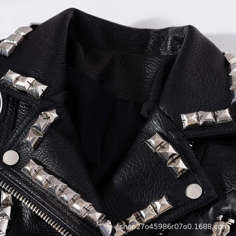 Primavera nuevo trabajo pesado abrigo con remaches abrigo de cuero corte corto motocicleta abrigo de cuero Mujer Punk Rock Pu chaqueta de cuero Abrigos Mujer