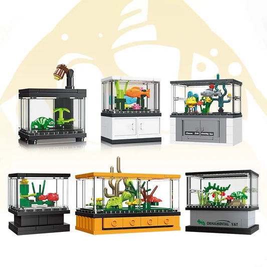 Micro Fish Tank Series Building Blocks Set Clownfish Lobster Display Box Model Children Creative Diy Educational Bricks Toys