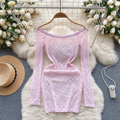 Sensual Hollow Out Mini Dress Ladies 2023 Hotsweet Outwear Streetwear Fashion Transparent Lace Slim Sexy Nightdress Wanita