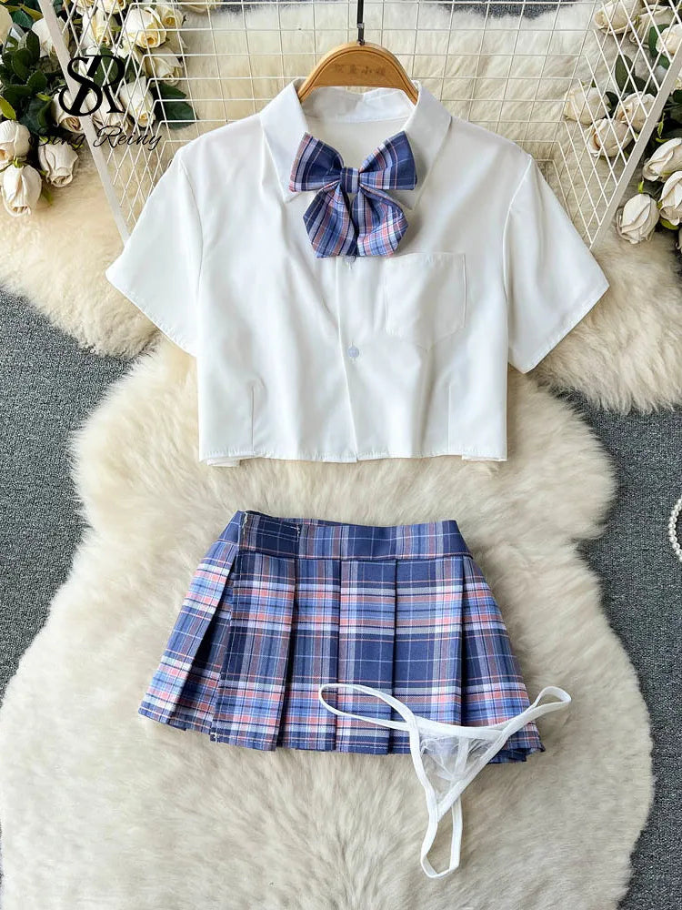 Cosplay   Outfit Women Lapel Neck Short Shirt+Plaid Mini Skirt+Thongs  2023 Preppy Style Sexy Nightwear Wanita