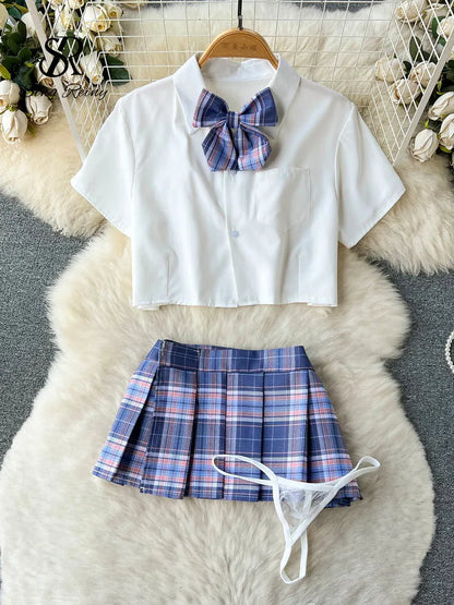 Traje de Cosplay para mujer, Camisa corta con cuello de solapa, minifalda a cuadros y tangas, ropa de dormir Sexy de estilo preppy 2023 Wanita