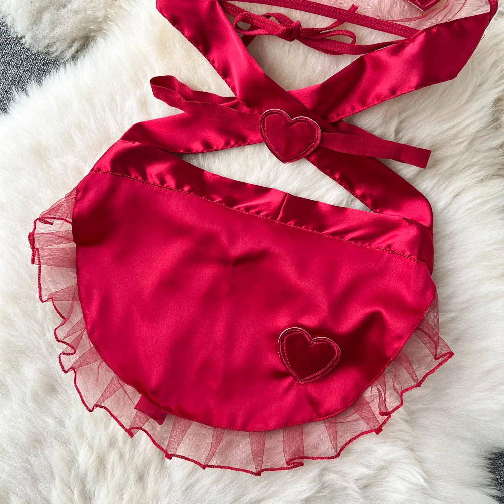 Wanita Sheer Hollow Out Sexy Nachthemd Frauen Transparent Mesh Splice Love Schürze Kleid Cosplay Mini Nachtwäsche
