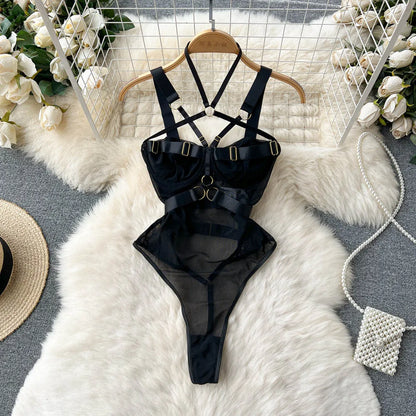 Fashion Sheer Sexy Bodysuits Women Buckle Crossing Halter Strap Open Crotch Nightwear Hollow Out Slim Sensual Playsuit Wanita