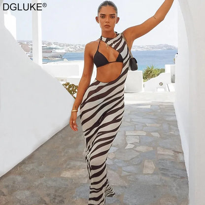 Zebra Print Long Beach Dress Cover-Ups Sexy Transparent Mesh Maxi Dress Striped Cut Out Bodycon Vacation Summer Dress Women 2023