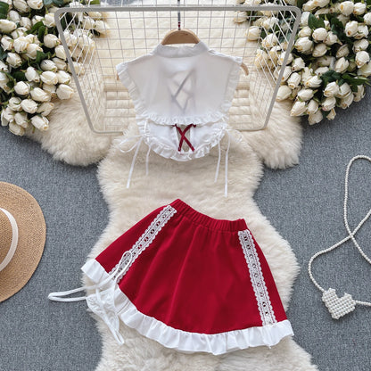 Maidservant Cosplay   Suits Female Hollow Out Drawstring Top+Mini Lace Skirt+Thongs Sweet Sexy Night Sets Wanita