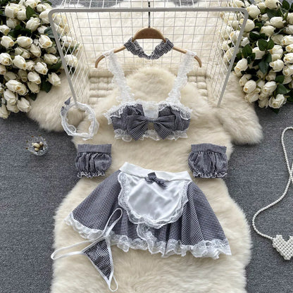 Maidservant Apron Dress Ladies Lace Sweet  Three Pieces Sets Fashion Korean Style Plaid Cosplay Sexy Night Suits Wanita