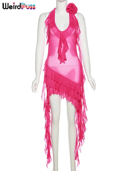 Weird Puss-vestido de fiesta con borlas para mujer, escote en V profundo, sin mangas, volantes, ajustado, transparente, elástico Irregular, ceñido al cuerpo, verano 2023