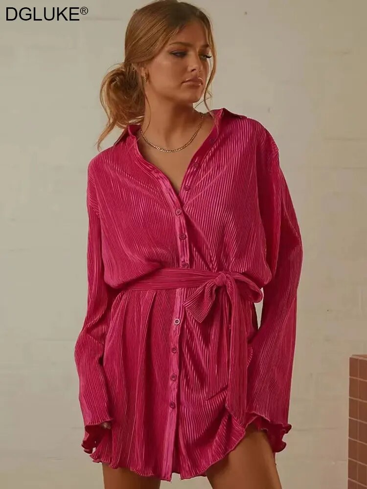 Grünes Langarm-Hemdkleid, Blumendruck, plissiert, lässiges Minikleid, Damen, sexy Strandparty-Kleider, Herbst und Winter