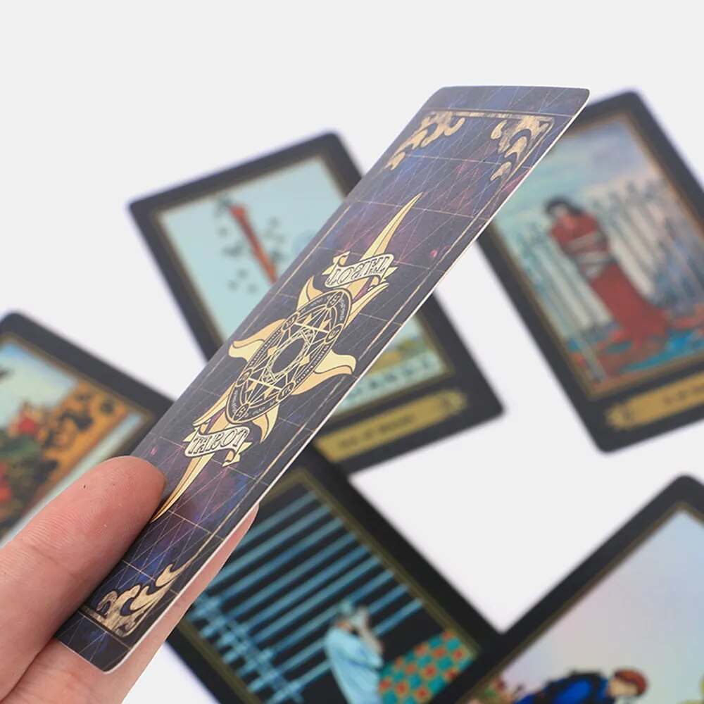 Cartas de Tarot holográficas en inglés brillante para principiantes, con guía, juegos de mesa, runas Catan, psicología, destino, baraja espiritual