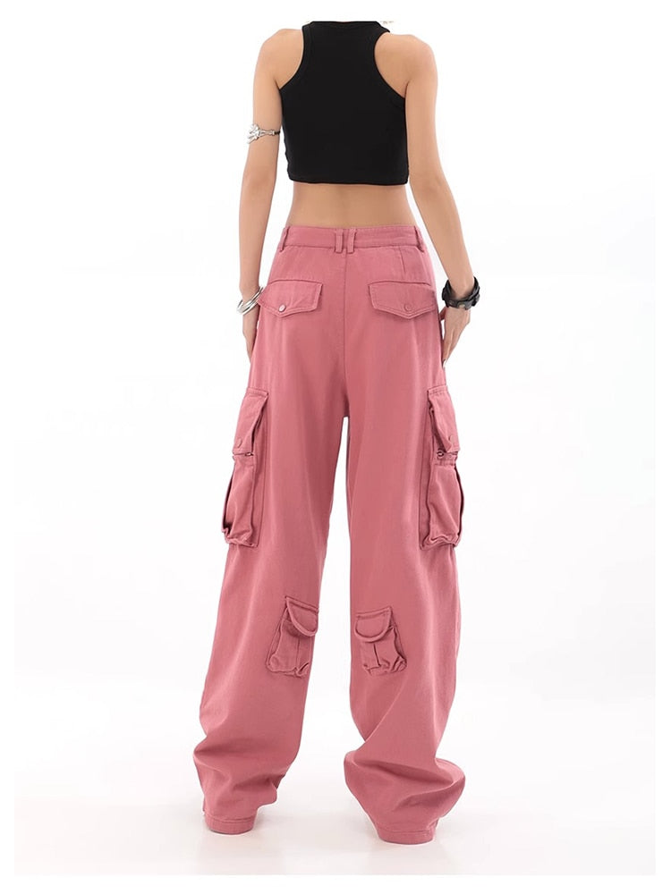 Pink Cargo Pants Streetwear Style High Waist Straight Jeans Pants Fashion Harajuku Women Baggy Y2K Wide Leg Loose Denim Trouser