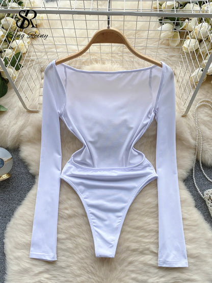 Fashion Simple Style Sexy Bodysuits Women Off Shoulder Long Sleeved Sheath Rompers Sensual Open Crotch Slim Playsuits Wanita