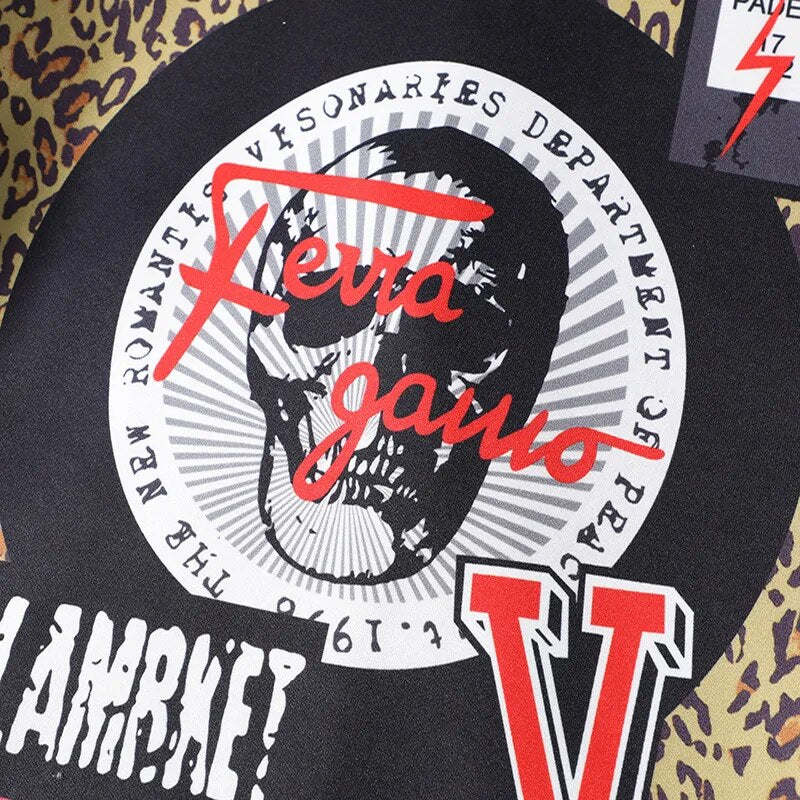 Chaqueta de cuero recortada con remaches Punk para mujer, ropa de calle de tendencia, chaqueta de moto de cuero sintético con estampado de leopardo de retales 2023