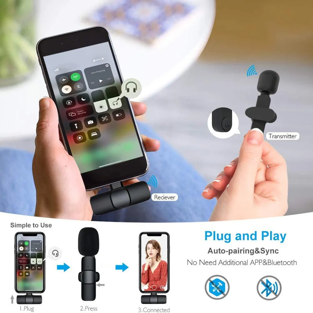 Micrófono Lavalier inalámbrico, Mini micrófono portátil para grabación de Audio y vídeo para iPhone y Android, batería de larga duración, transmisión en vivo para juegos