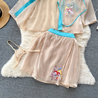 Vintage Stickerei Sexy Nacht Anzüge Weibliche Lose Blumen Camis + Mini Rock + Tangas Chinesischen Stil Cosplay Sheer Nachtwäsche Wanita