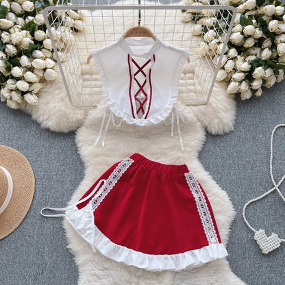 Maidservant Cosplay   Suits Female Hollow Out Drawstring Top+Mini Lace Skirt+Thongs Sweet Sexy Night Sets Wanita